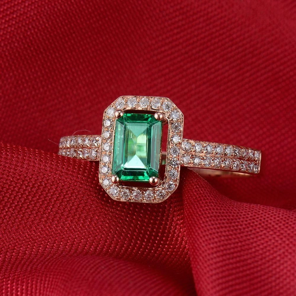 Emerald Ring For Women, 14K Solid Rose Gold Rings - Emerald Green Ring with Diamond, Vintage Natural Emerald Rings & Real Diamond Eternity Band For Couple Engagement Ring