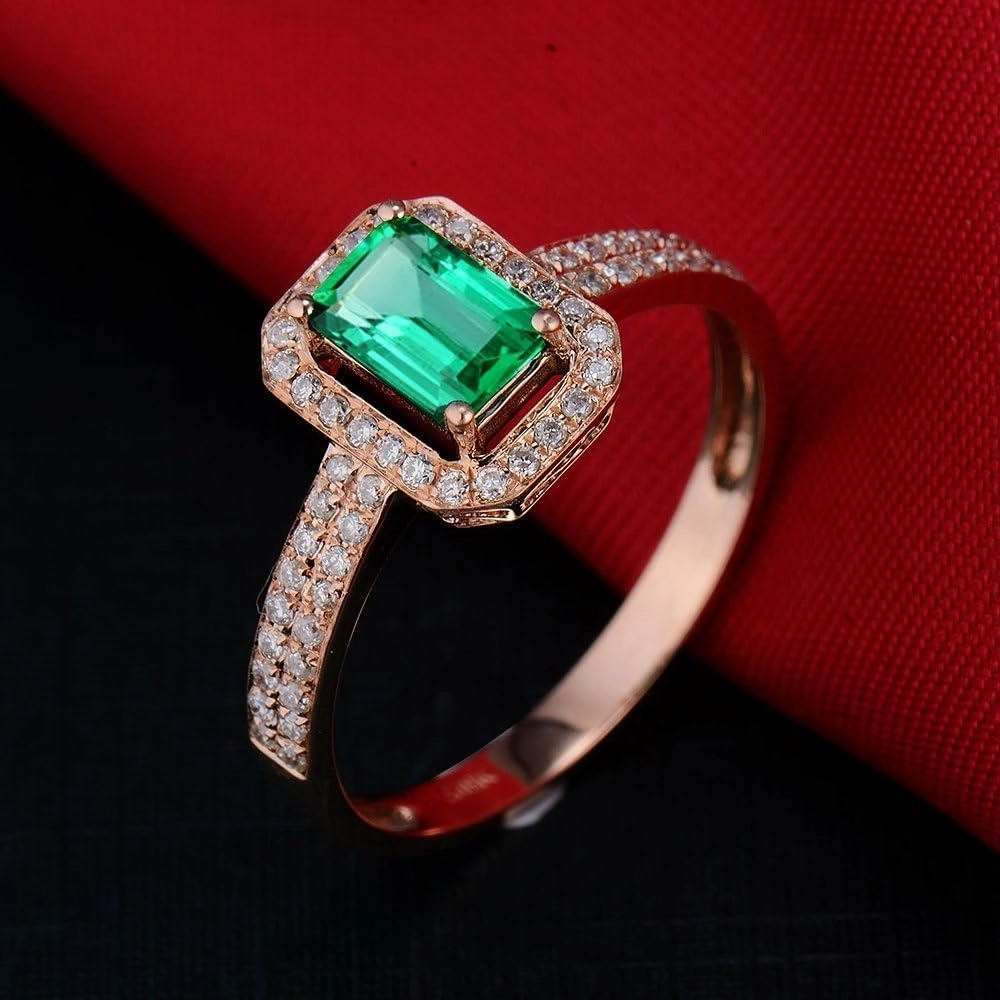 Emerald Ring For Women, 14K Solid Rose Gold Rings - Emerald Green Ring with Diamond, Vintage Natural Emerald Rings & Real Diamond Eternity Band For Couple Engagement Ring