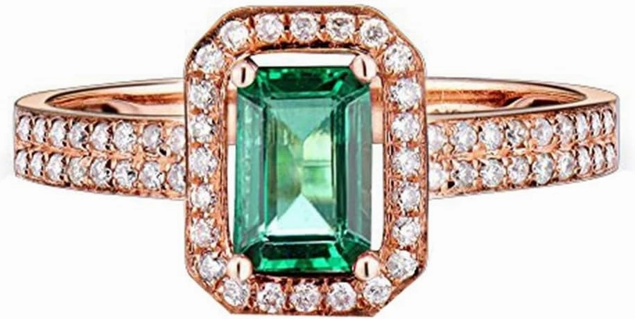 Emerald Ring For Women, 14K Solid Rose Gold Rings - Emerald Green Ring with Diamond, Vintage Natural Emerald Rings & Real Diamond Eternity Band For Couple Engagement Ring