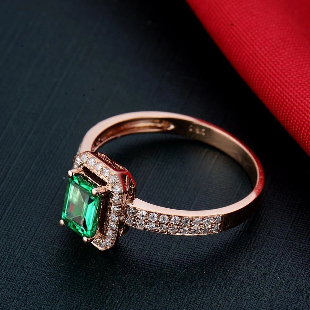 Emerald Ring For Women, 14K Solid Rose Gold Rings - Emerald Green Ring with Diamond, Vintage Natural Emerald Rings & Real Diamond Eternity Band For Couple Engagement Ring