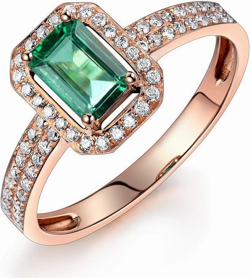 Emerald Ring For Women, 14K Solid Rose Gold Rings - Emerald Green Ring with Diamond, Vintage Natural Emerald Rings & Real Diamond Eternity Band For Couple Engagement Ring