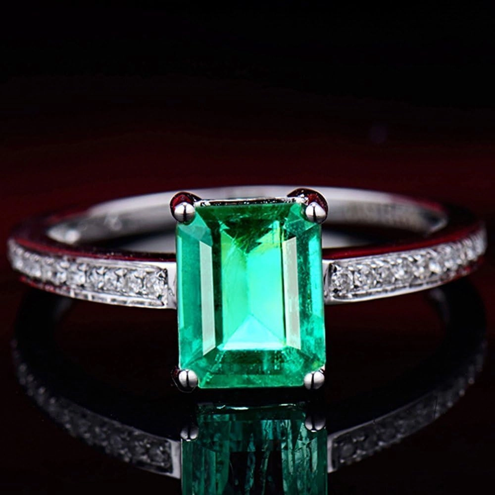 Emerald Ring For Women, 14K Solid White Gold Rings - Emerald Green Ring with Diamond, Natural Emerald Gemstone Rings & Real Diamond Eternity Band For Bridal Engagement Ring