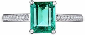 Emerald Ring For Women, 14K Solid White Gold Rings - Emerald Green Ring with Diamond, Natural Emerald Gemstone Rings & Real Diamond Eternity Band For Bridal Engagement Ring