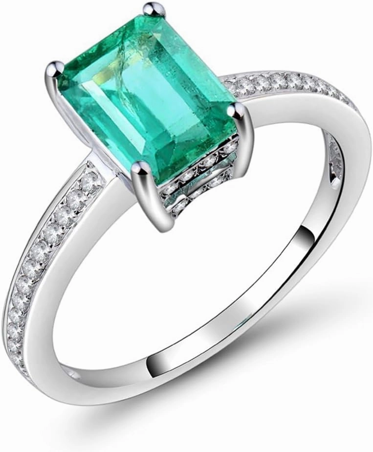 Emerald Ring For Women, 14K Solid White Gold Rings - Emerald Green Ring with Diamond, Natural Emerald Gemstone Rings & Real Diamond Eternity Band For Bridal Engagement Ring