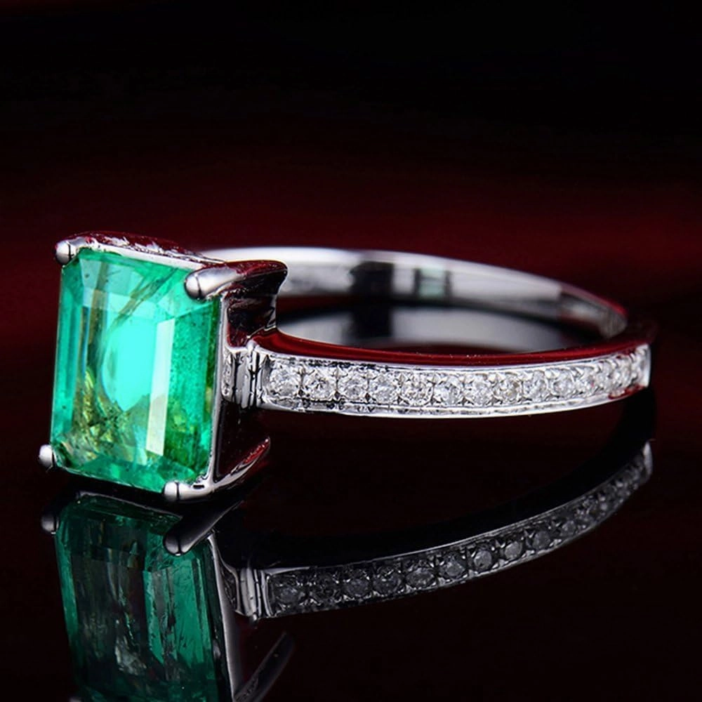 Emerald Ring For Women, 14K Solid White Gold Rings - Emerald Green Ring with Diamond, Natural Emerald Gemstone Rings & Real Diamond Eternity Band For Bridal Engagement Ring