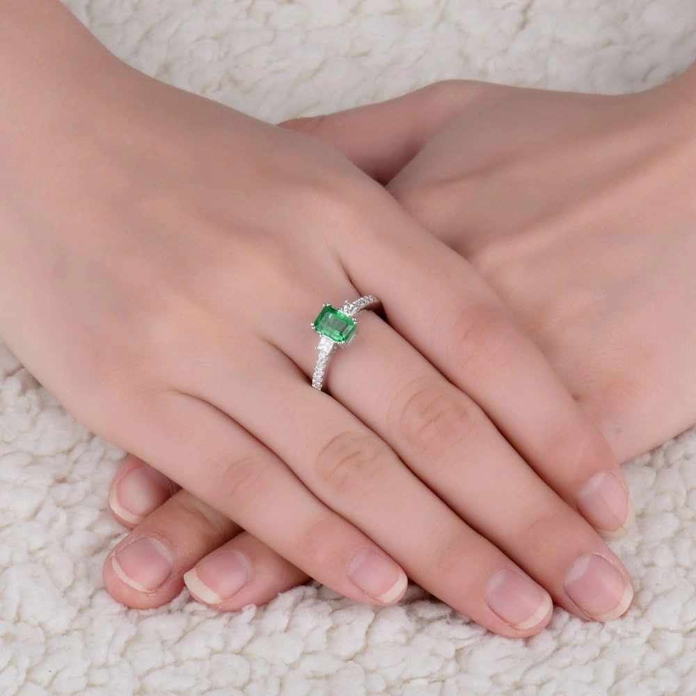 Emerald Ring For Women, 14K Solid White Gold Rings - Emerald Green Ring with Diamond, Unique Natural Emerald Real Diamond Gemstone Rings For Couple Engagement Ring & Wedding Band