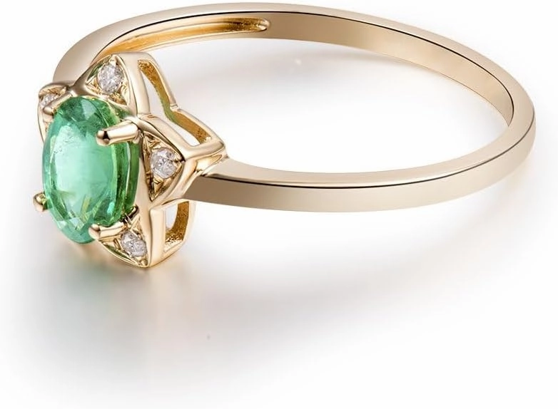 Emerald Ring For Women, 14K Solid Yellow Gold Rings - Green Emerald Ring with Diamond, Natural Emerald Green Gemstone Ring & Real Diamond Stone Rings For Couple Engagement Ring