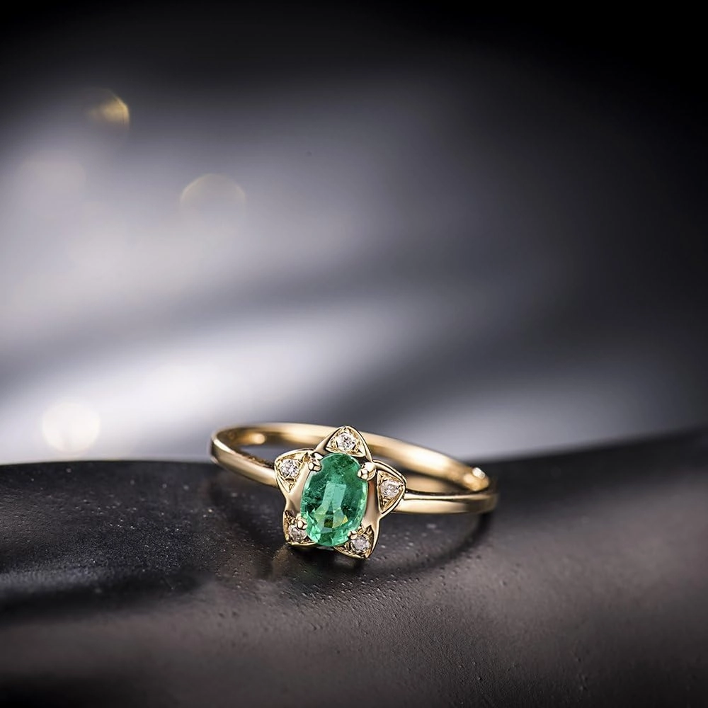 Emerald Ring For Women, 14K Solid Yellow Gold Rings - Green Emerald Ring with Diamond, Natural Emerald Green Gemstone Ring & Real Diamond Stone Rings For Couple Engagement Ring