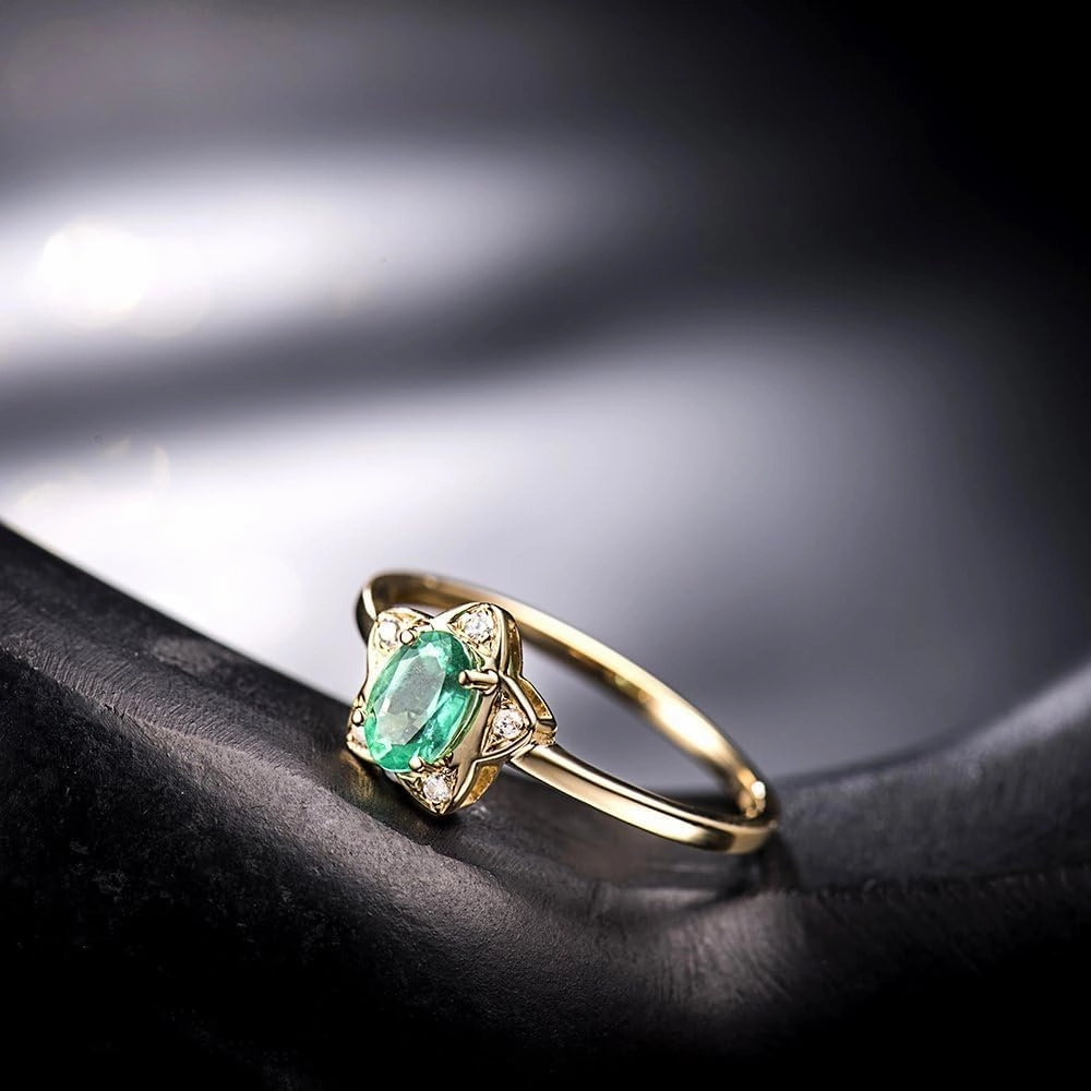 Emerald Ring For Women, 14K Solid Yellow Gold Rings - Green Emerald Ring with Diamond, Natural Emerald Green Gemstone Ring & Real Diamond Stone Rings For Couple Engagement Ring