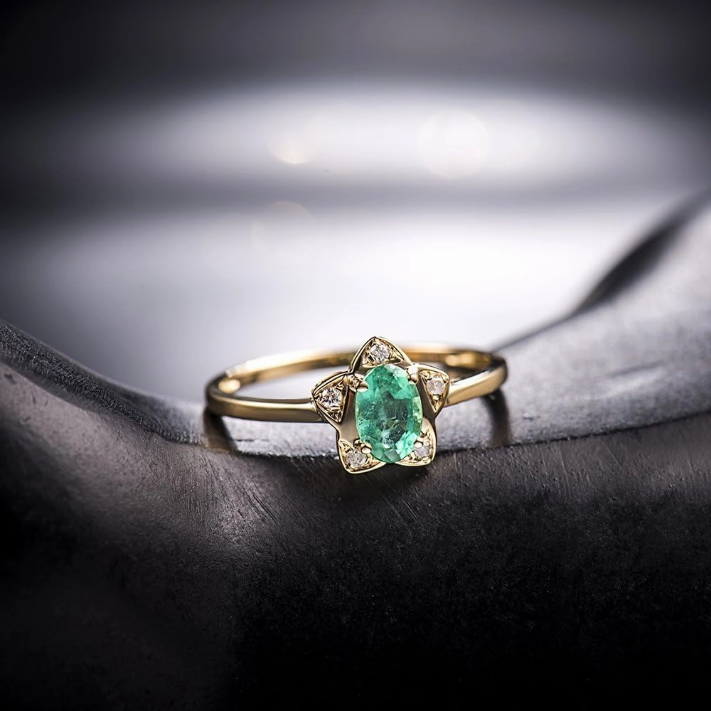 Emerald Ring For Women, 14K Solid Yellow Gold Rings - Green Emerald Ring with Diamond, Natural Emerald Green Gemstone Ring & Real Diamond Stone Rings For Couple Engagement Ring