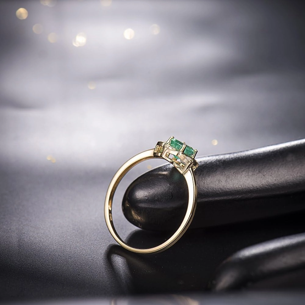 Emerald Ring For Women, 14K Solid Yellow Gold Rings - Green Emerald Ring with Diamond, Natural Emerald Green Gemstone Ring & Real Diamond Stone Rings For Couple Engagement Ring