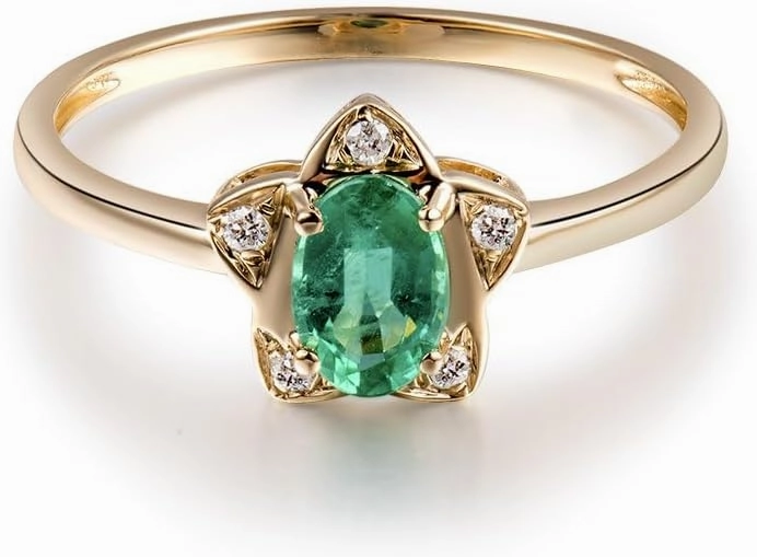 Emerald Ring For Women, 14K Solid Yellow Gold Rings - Green Emerald Ring with Diamond, Natural Emerald Green Gemstone Ring & Real Diamond Stone Rings For Couple Engagement Ring