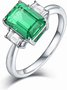 Emerald Ring For Women, 14K White Gold Rings - Emerald Rings with Diamond, Vintage Natural Genuine Emerald Green Ring & Real Diamonds Gemstone Rings For Couples Engagement Wedding