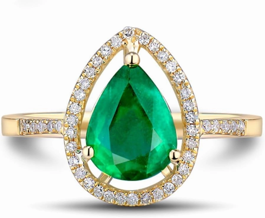 Emerald Ring For Women, 14K Yellow Gold Rings - Emerald Rings with Diamond, Natural Colombia Genuine Emerald Green Rings & Real Diamond Gemstone Rings For Couple Engagement Ring