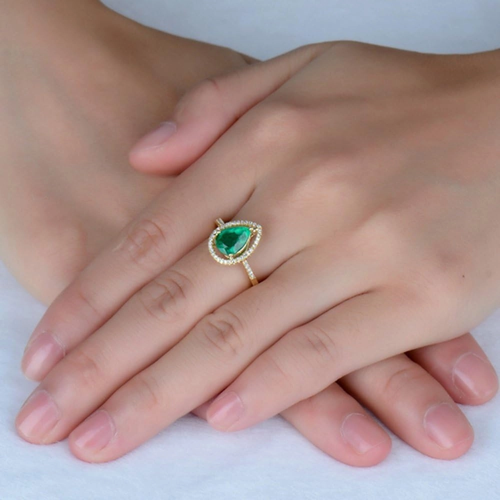 Emerald Ring For Women, 14K Yellow Gold Rings - Emerald Rings with Diamond, Natural Colombia Genuine Emerald Green Rings & Real Diamond Gemstone Rings For Couple Engagement Ring