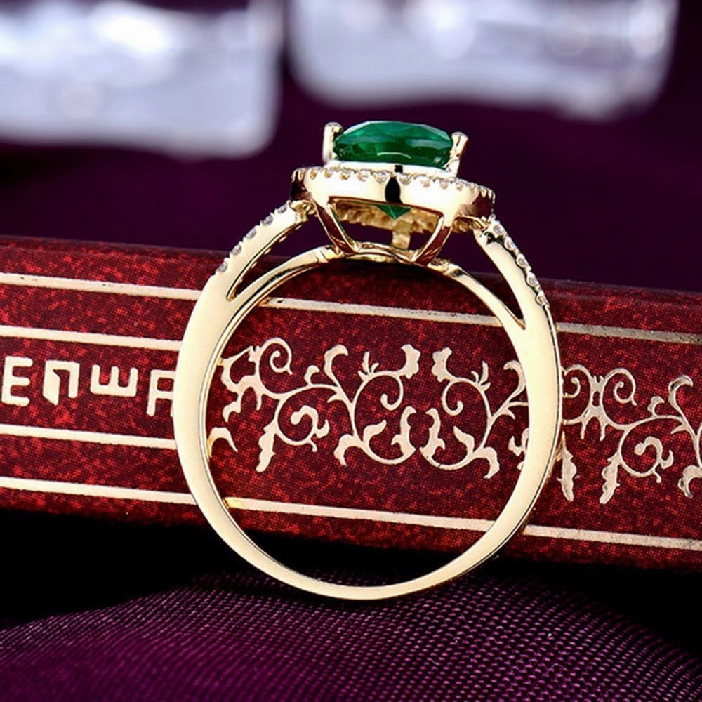 Emerald Ring For Women, 14K Yellow Gold Rings - Emerald Rings with Diamond, Natural Colombia Genuine Emerald Green Rings & Real Diamond Gemstone Rings For Couple Engagement Ring