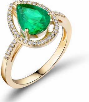 Emerald Ring For Women, 14K Yellow Gold Rings - Emerald Rings with Diamond, Natural Colombia Genuine Emerald Green Rings & Real Diamond Gemstone Rings For Couple Engagement Ring