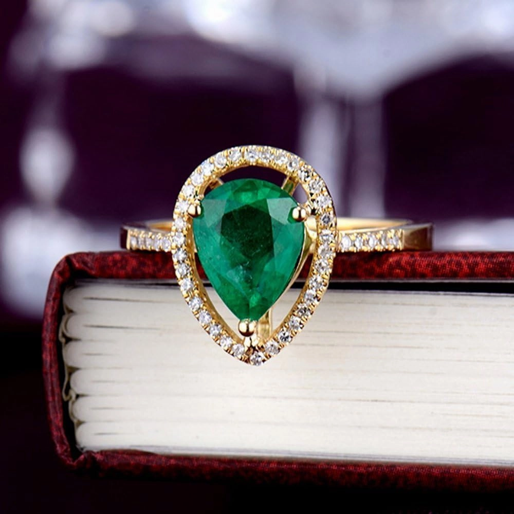 Emerald Ring For Women, 14K Yellow Gold Rings - Emerald Rings with Diamond, Natural Colombia Genuine Emerald Green Rings & Real Diamond Gemstone Rings For Couple Engagement Ring