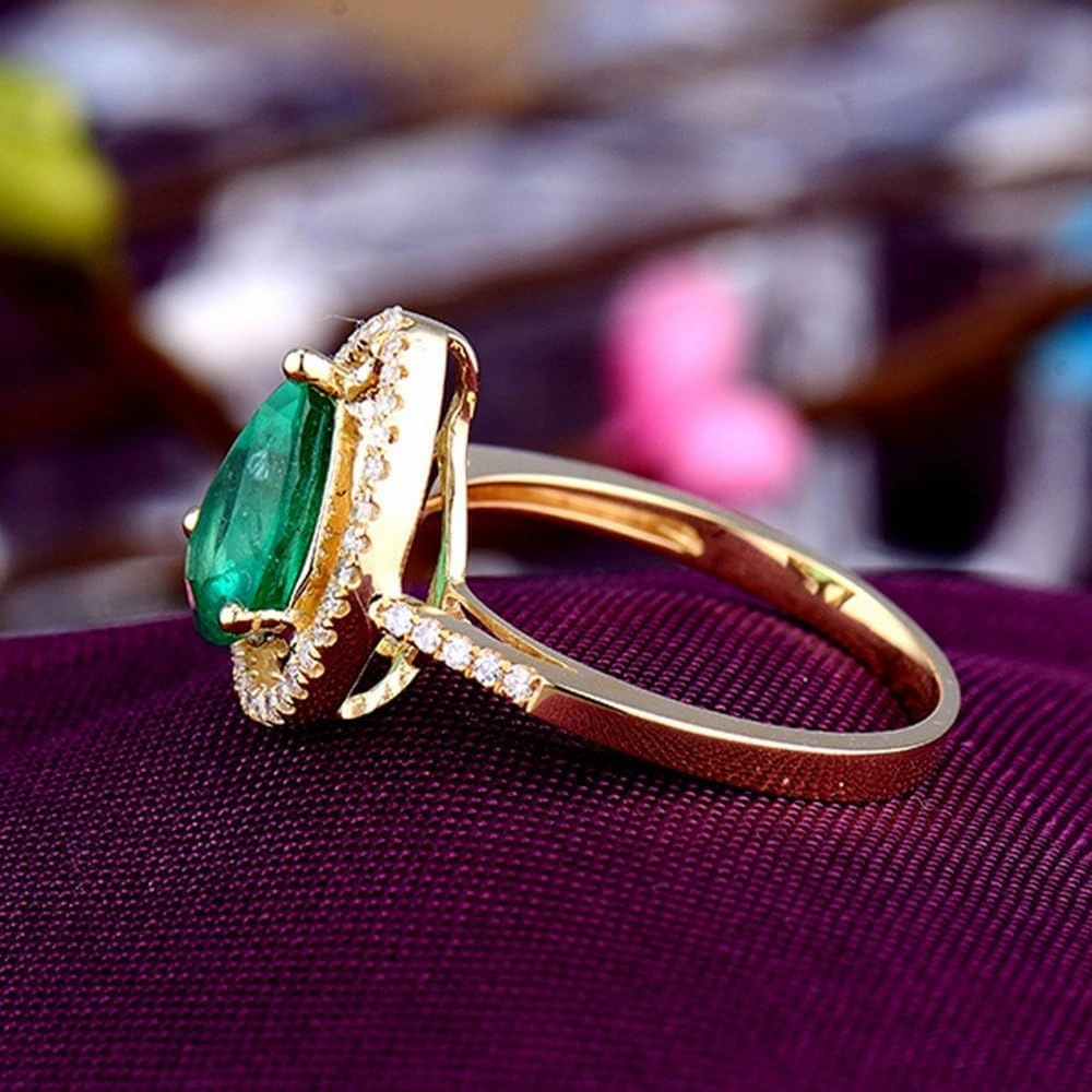 Emerald Ring For Women, 14K Yellow Gold Rings - Emerald Rings with Diamond, Natural Colombia Genuine Emerald Green Rings & Real Diamond Gemstone Rings For Couple Engagement Ring