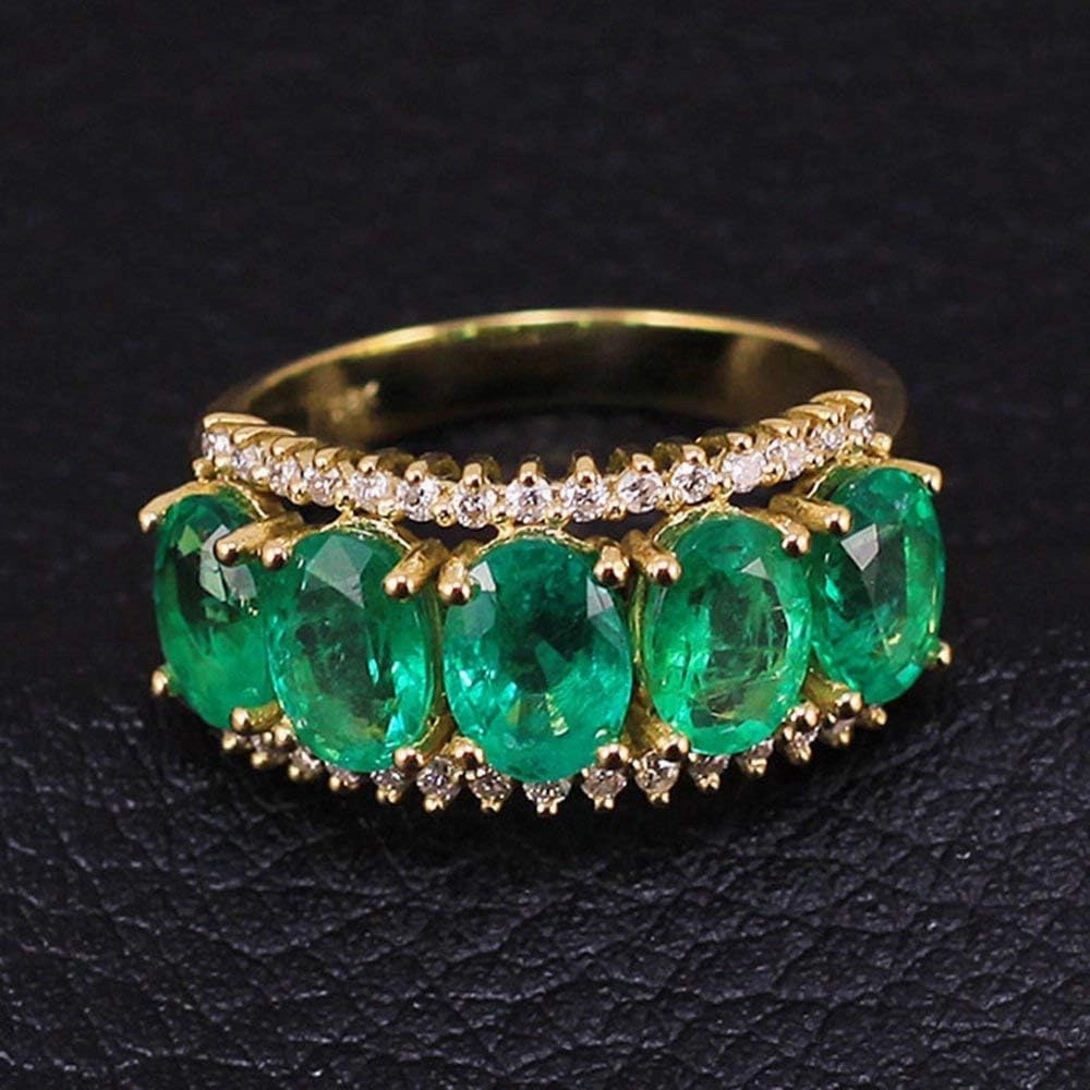 Emerald Ring For Women, 14K Yellow Gold Rings - Green Emerald Ring with Diamond, Frantic Five Stone Natural Oval Emerald Rings & Real Diamond Gemstone Rings For Couple Engagement Ring