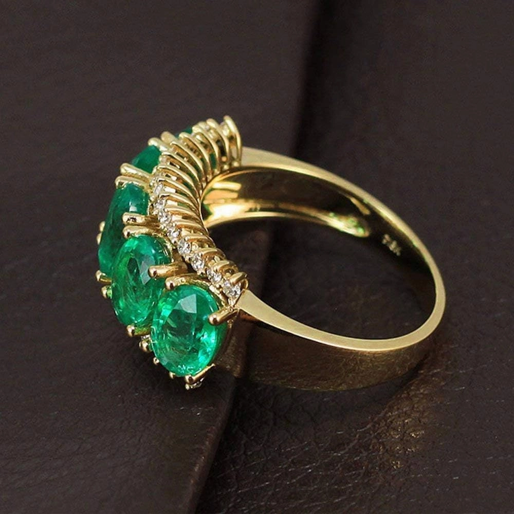 Emerald Ring For Women, 14K Yellow Gold Rings - Green Emerald Ring with Diamond, Frantic Five Stone Natural Oval Emerald Rings & Real Diamond Gemstone Rings For Couple Engagement Ring