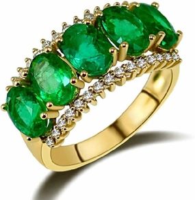 Emerald Ring For Women, 14K Yellow Gold Rings - Green Emerald Ring with Diamond, Frantic Five Stone Natural Oval Emerald Rings & Real Diamond Gemstone Rings For Couple Engagement Ring