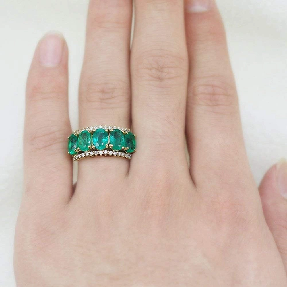 Emerald Ring For Women, 14K Yellow Gold Rings - Green Emerald Ring with Diamond, Frantic Five Stone Natural Oval Emerald Rings & Real Diamond Gemstone Rings For Couple Engagement Ring