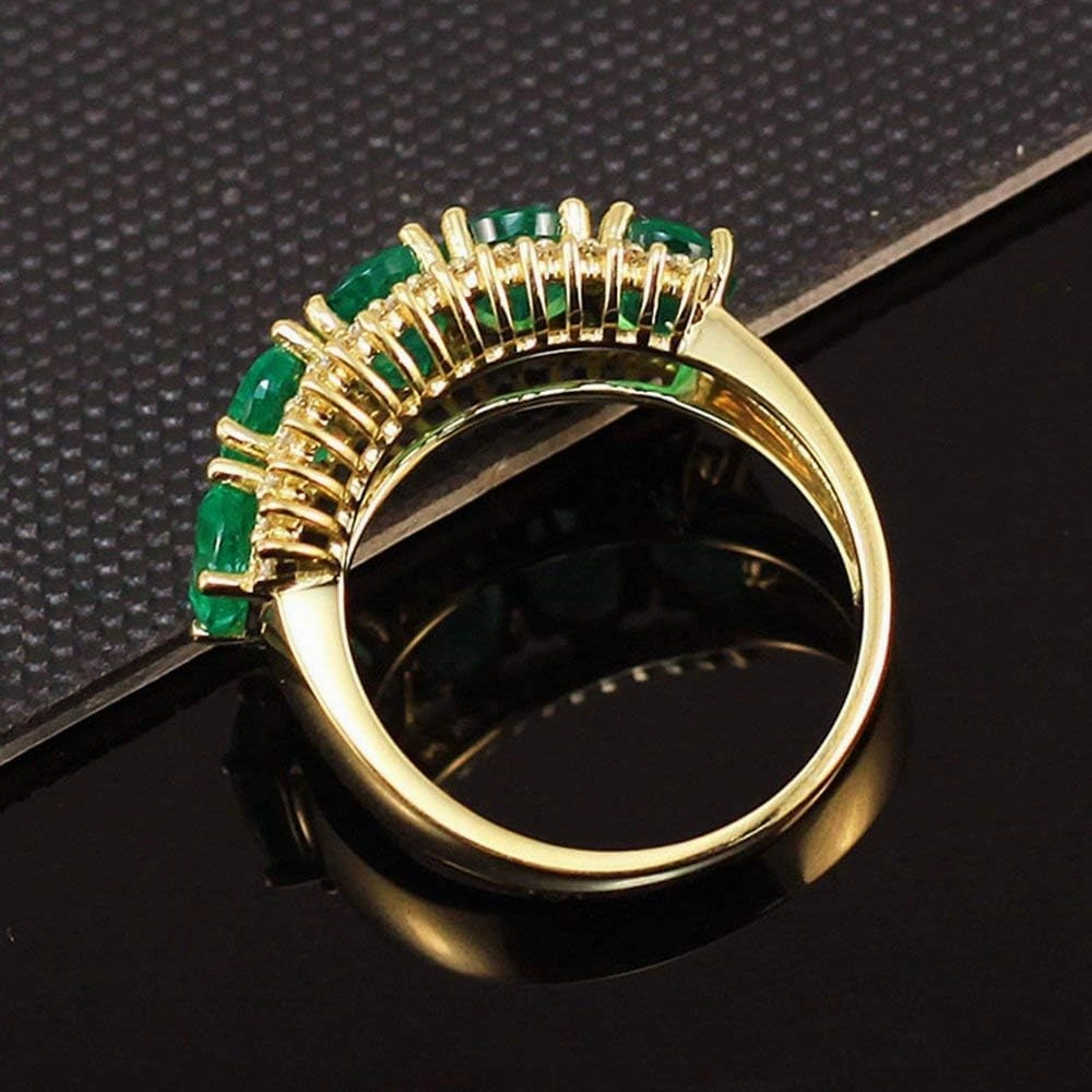Emerald Ring For Women, 14K Yellow Gold Rings - Green Emerald Ring with Diamond, Frantic Five Stone Natural Oval Emerald Rings & Real Diamond Gemstone Rings For Couple Engagement Ring