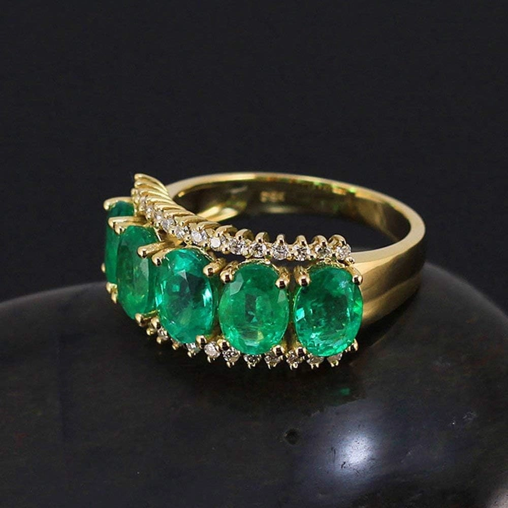 Emerald Ring For Women, 14K Yellow Gold Rings - Green Emerald Ring with Diamond, Frantic Five Stone Natural Oval Emerald Rings & Real Diamond Gemstone Rings For Couple Engagement Ring