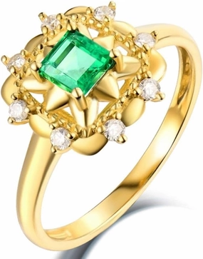 Emerald Ring For Women, 14kt Yellow Gold Rings - Green Emerald Ring with Diamond, Natural Emerald Rings & Real Diamond Gemstone Rings For Couple Engagement Ring
