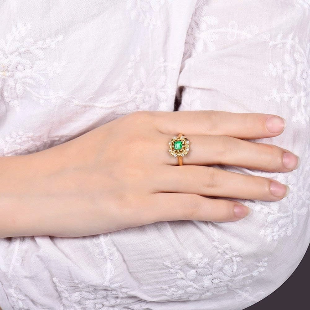 Emerald Ring For Women, 14kt Yellow Gold Rings - Green Emerald Ring with Diamond, Natural Emerald Rings & Real Diamond Gemstone Rings For Couple Engagement Ring