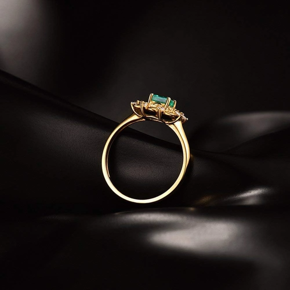 Emerald Ring For Women, 14kt Yellow Gold Rings - Green Emerald Ring with Diamond, Natural Emerald Rings & Real Diamond Gemstone Rings For Couple Engagement Ring