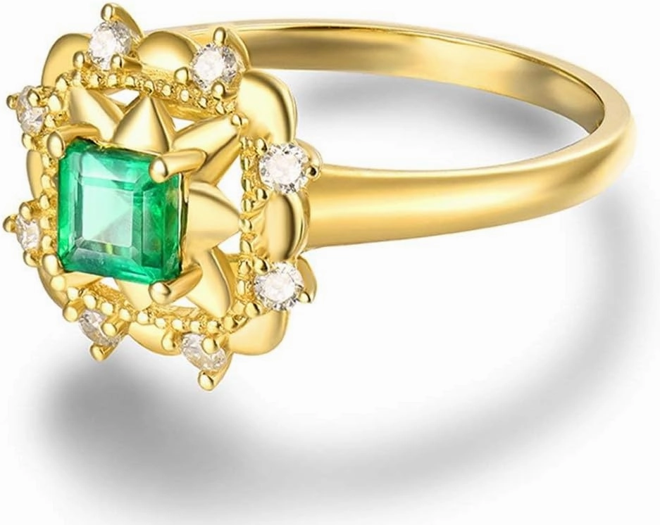 Emerald Ring For Women, 14kt Yellow Gold Rings - Green Emerald Ring with Diamond, Natural Emerald Rings & Real Diamond Gemstone Rings For Couple Engagement Ring