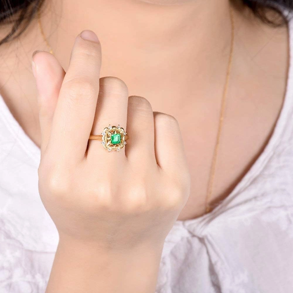 Emerald Ring For Women, 14kt Yellow Gold Rings - Green Emerald Ring with Diamond, Natural Emerald Rings & Real Diamond Gemstone Rings For Couple Engagement Ring