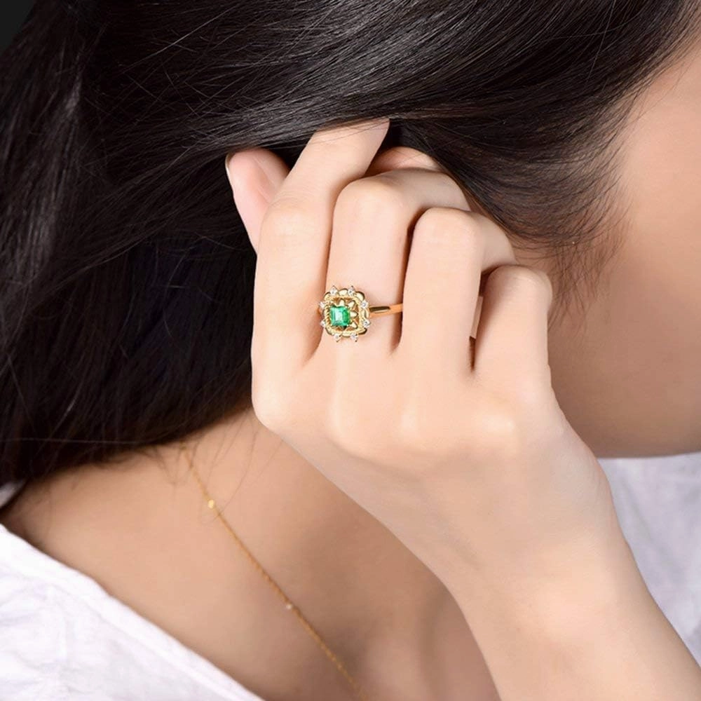 Emerald Ring For Women, 14kt Yellow Gold Rings - Green Emerald Ring with Diamond, Natural Emerald Rings & Real Diamond Gemstone Rings For Couple Engagement Ring