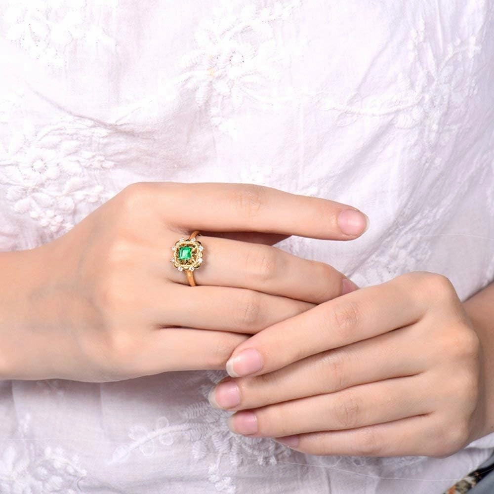 Emerald Ring For Women, 14kt Yellow Gold Rings - Green Emerald Ring with Diamond, Natural Emerald Rings & Real Diamond Gemstone Rings For Couple Engagement Ring