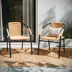 EMMA   OLIVER 2 Pack Beige Rattan Indoor-Outdoor Restaurant Stack Chair with Curved Back