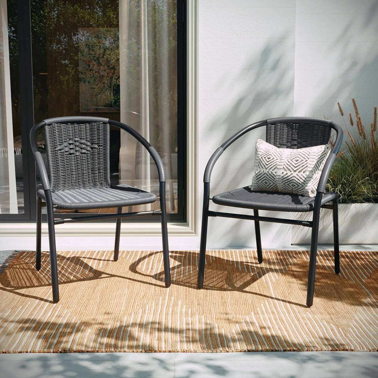 EMMA   OLIVER 2 Pack Gray Rattan Indoor-Outdoor Restaurant Stack Chair with Curved Back