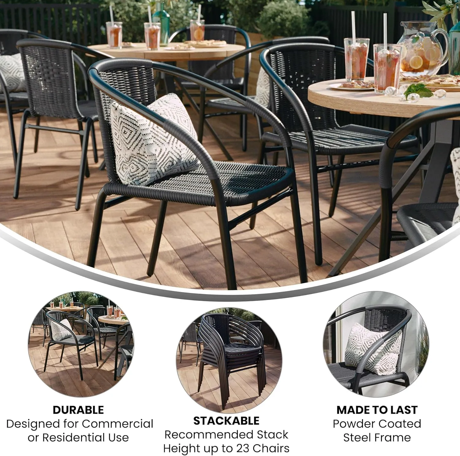 EMMA   OLIVER 2 Pack Gray Rattan Indoor-Outdoor Restaurant Stack Chair with Curved Back