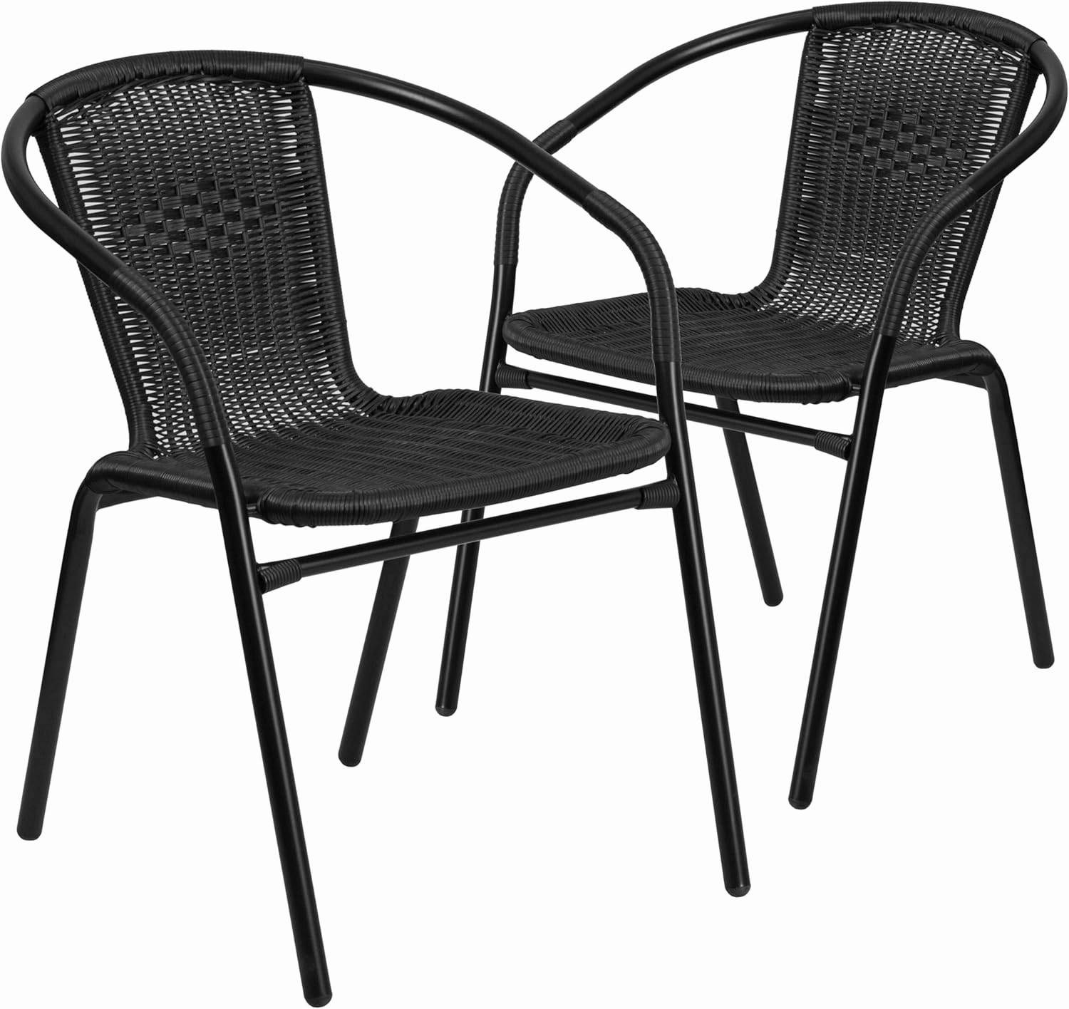 EMMA   OLIVER 2 Pack Black Rattan Indoor-Outdoor Restaurant Stack Chair with Curved Back