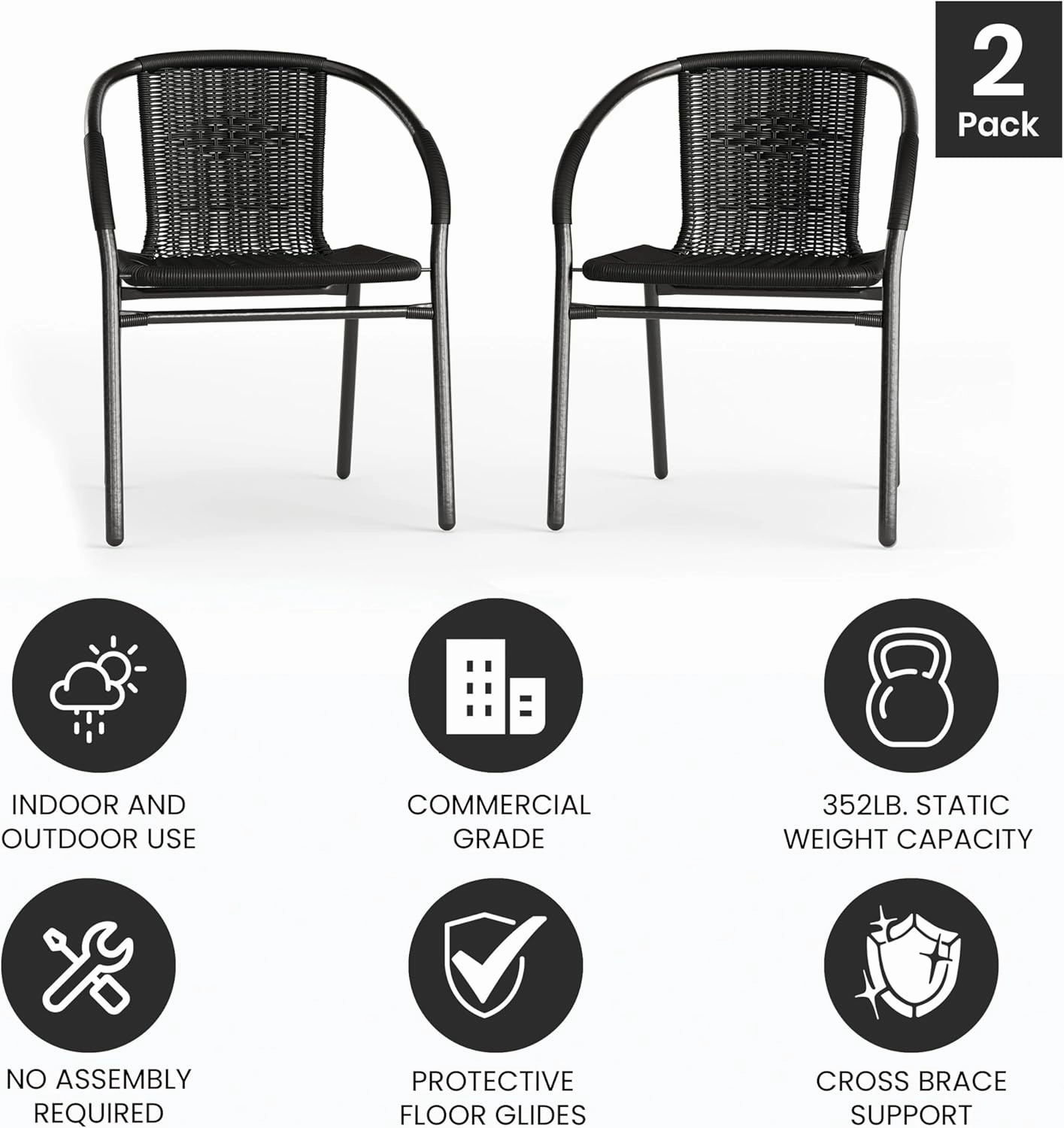 EMMA   OLIVER 2 Pack Black Rattan Indoor-Outdoor Restaurant Stack Chair with Curved Back