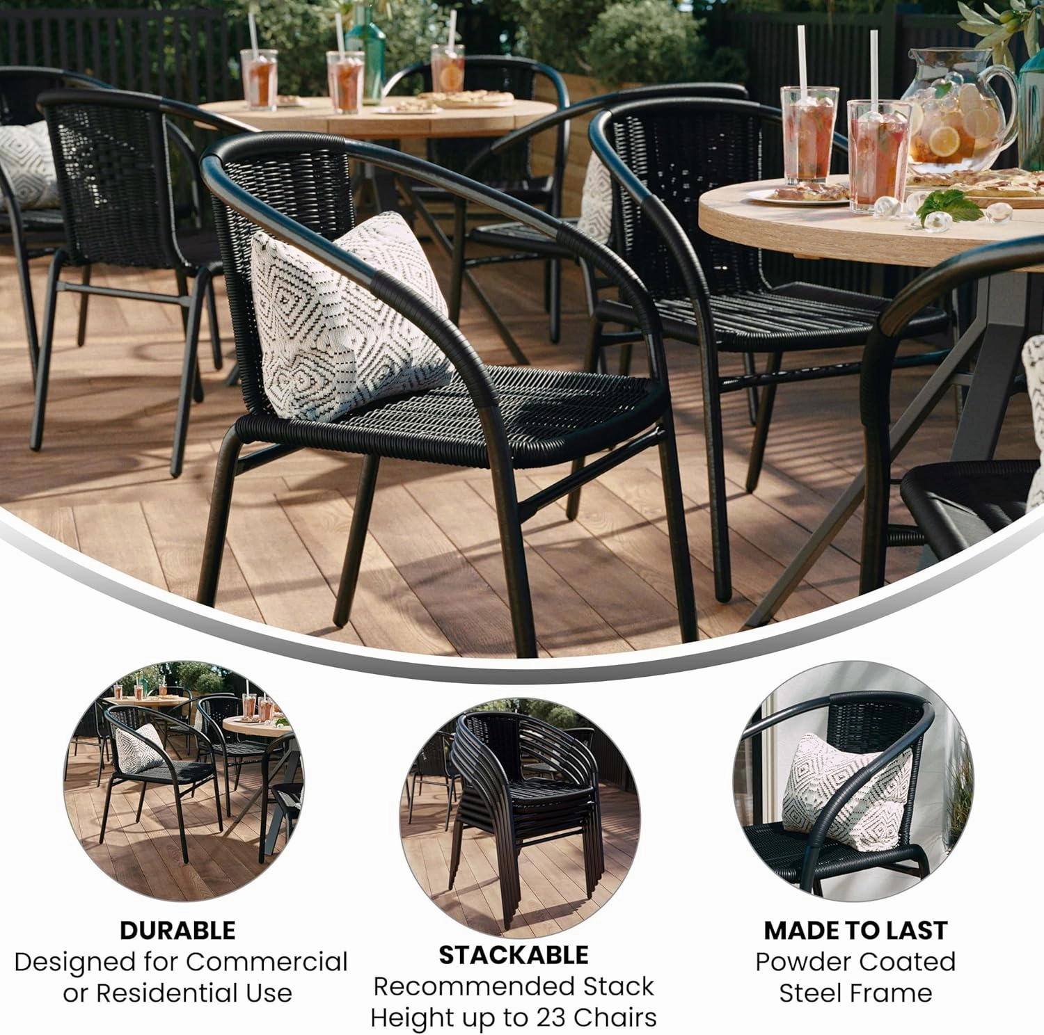 EMMA   OLIVER 2 Pack Black Rattan Indoor-Outdoor Restaurant Stack Chair with Curved Back