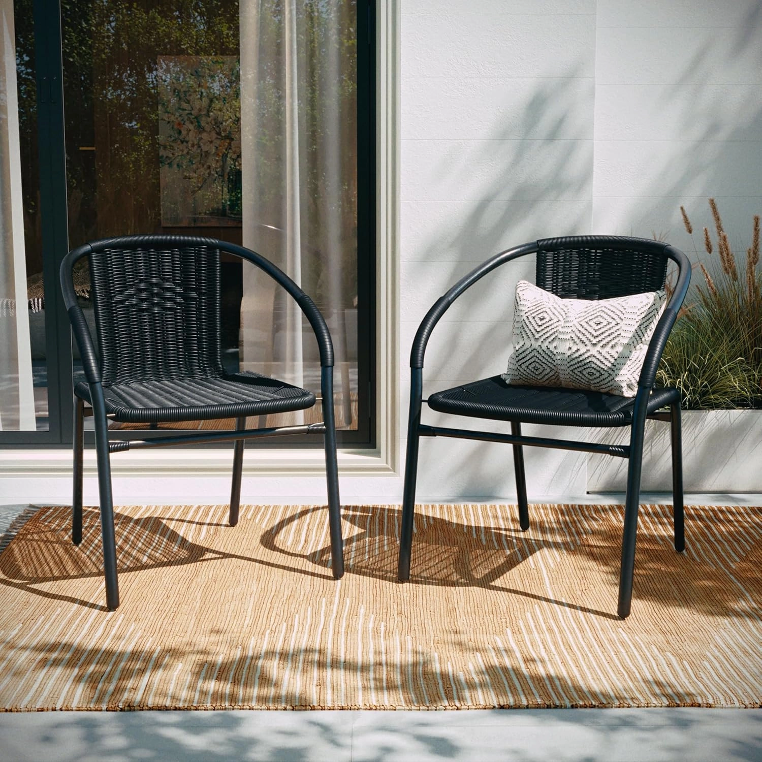 EMMA   OLIVER 2 Pack Black Rattan Indoor-Outdoor Restaurant Stack Chair with Curved Back