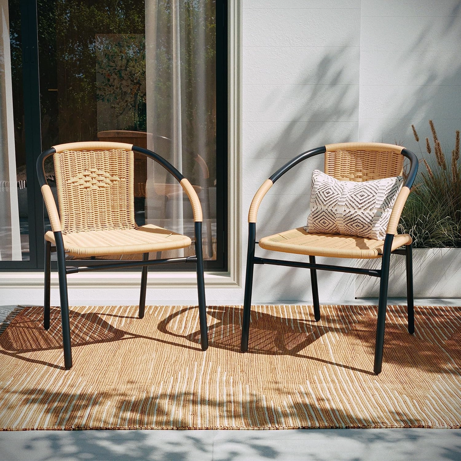 EMMA   OLIVER 4 Pack Beige Rattan Indoor-Outdoor Restaurant Stack Chair with Curved Back