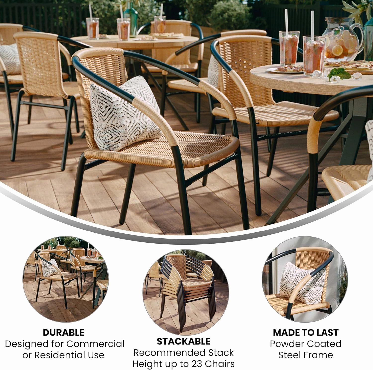 EMMA   OLIVER 4 Pack Beige Rattan Indoor-Outdoor Restaurant Stack Chair with Curved Back