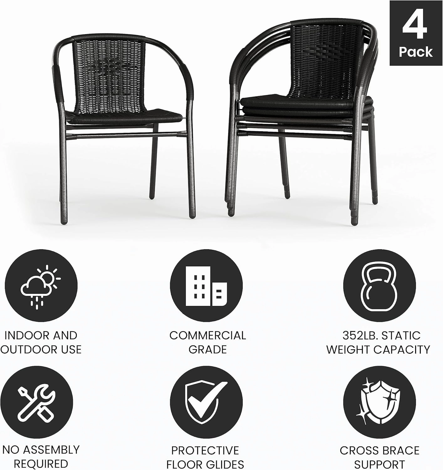 EMMA   OLIVER 4 Pack Black Rattan Indoor-Outdoor Restaurant Stack Chair with Curved Back