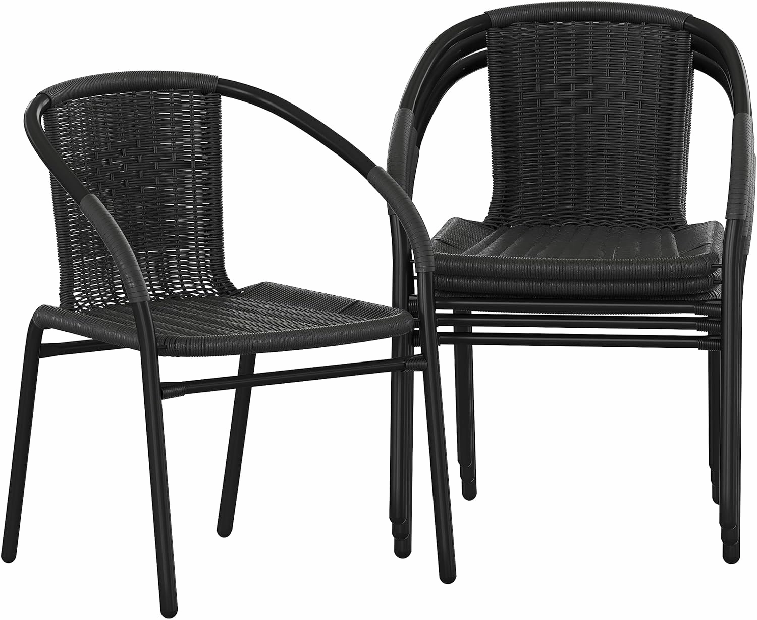 EMMA   OLIVER 4 Pack Black Rattan Indoor-Outdoor Restaurant Stack Chair with Curved Back