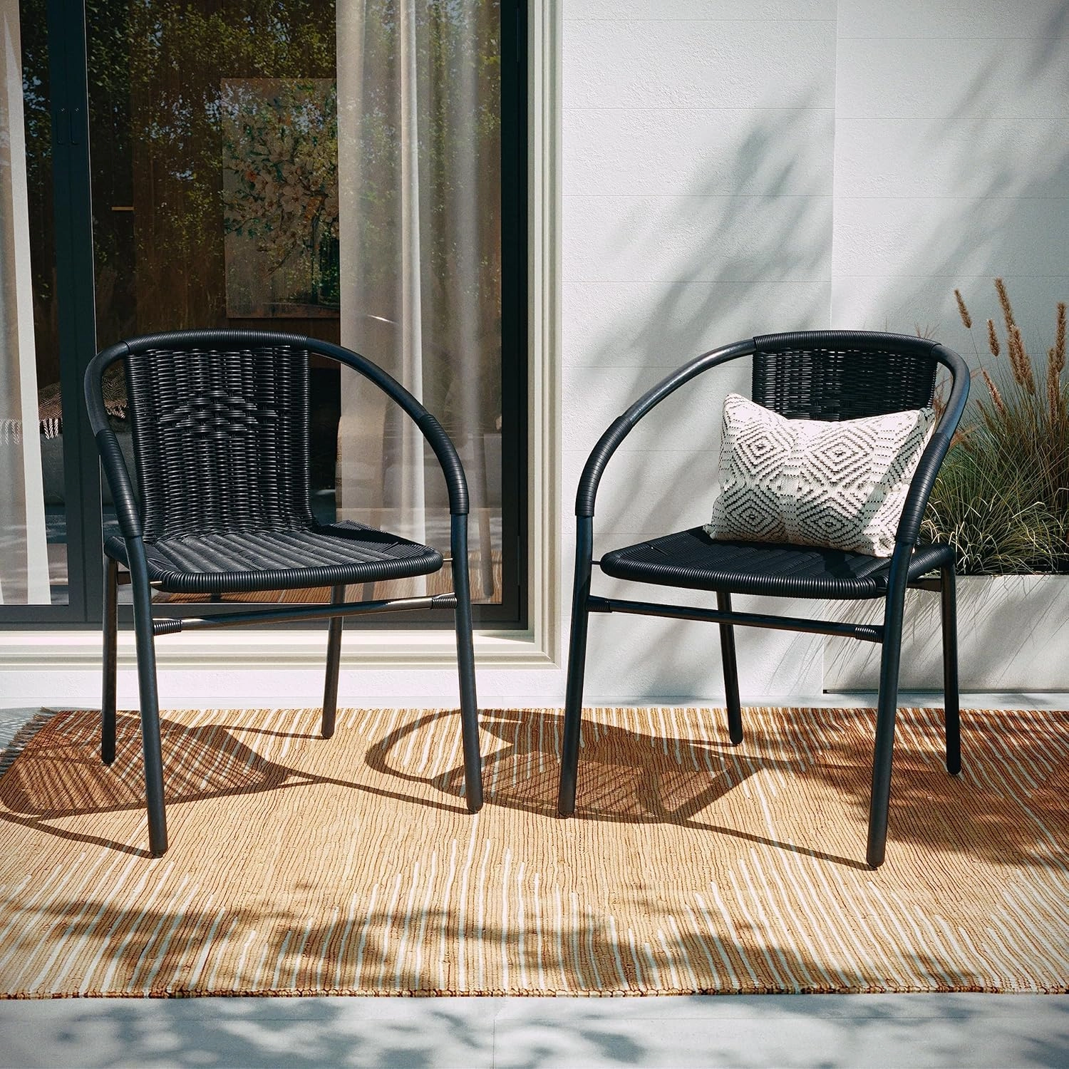 EMMA   OLIVER 4 Pack Black Rattan Indoor-Outdoor Restaurant Stack Chair with Curved Back