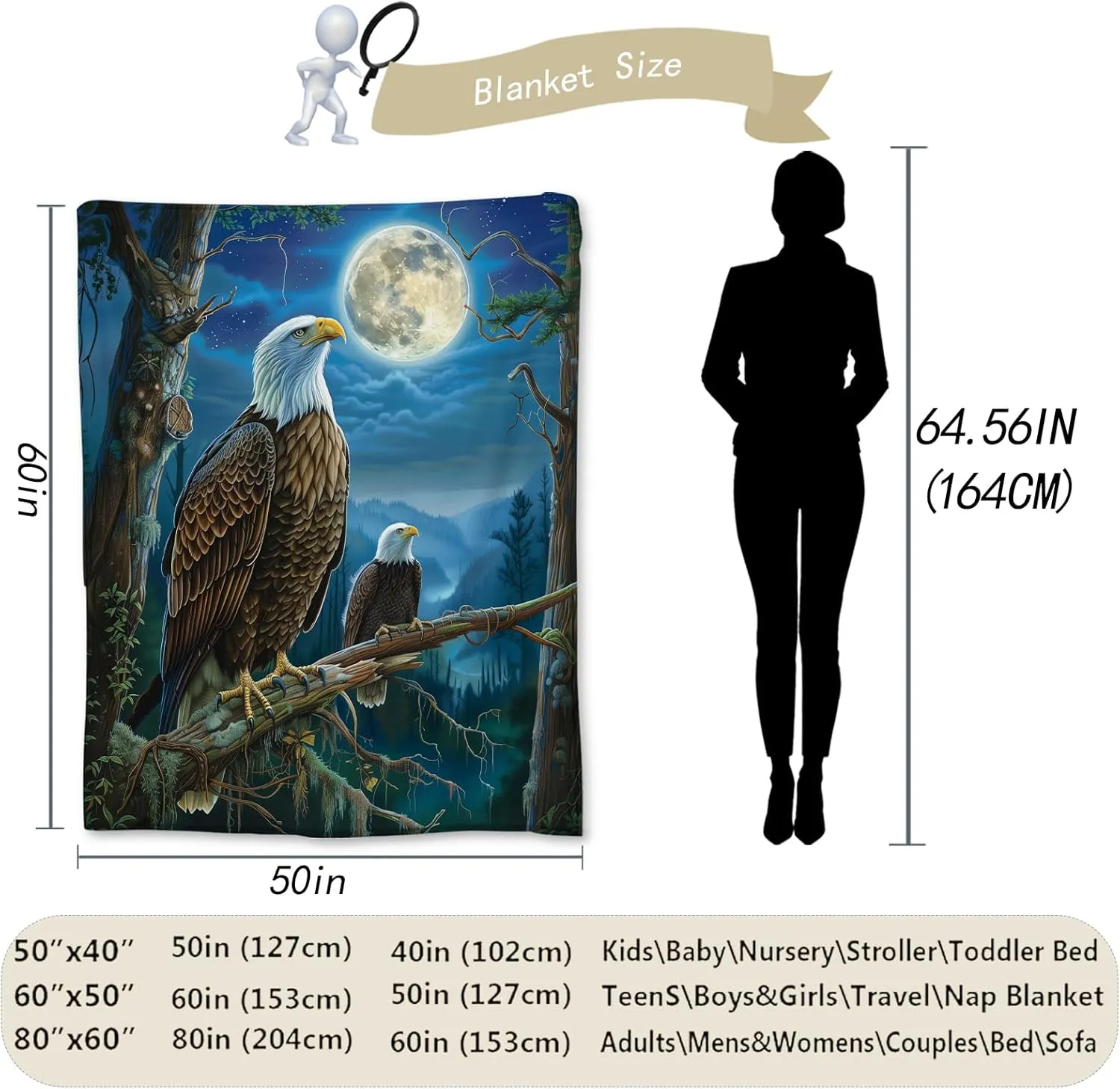 Enchanting Eagles Under Full Moon Blanket | Soft Warm Fuzzy Lightweight Flannel Throw Blanket Perfect for Couch, Bed, Travel, Outdoor & Home Decor, Cozy Blankets for Adults Kids 60×50 in