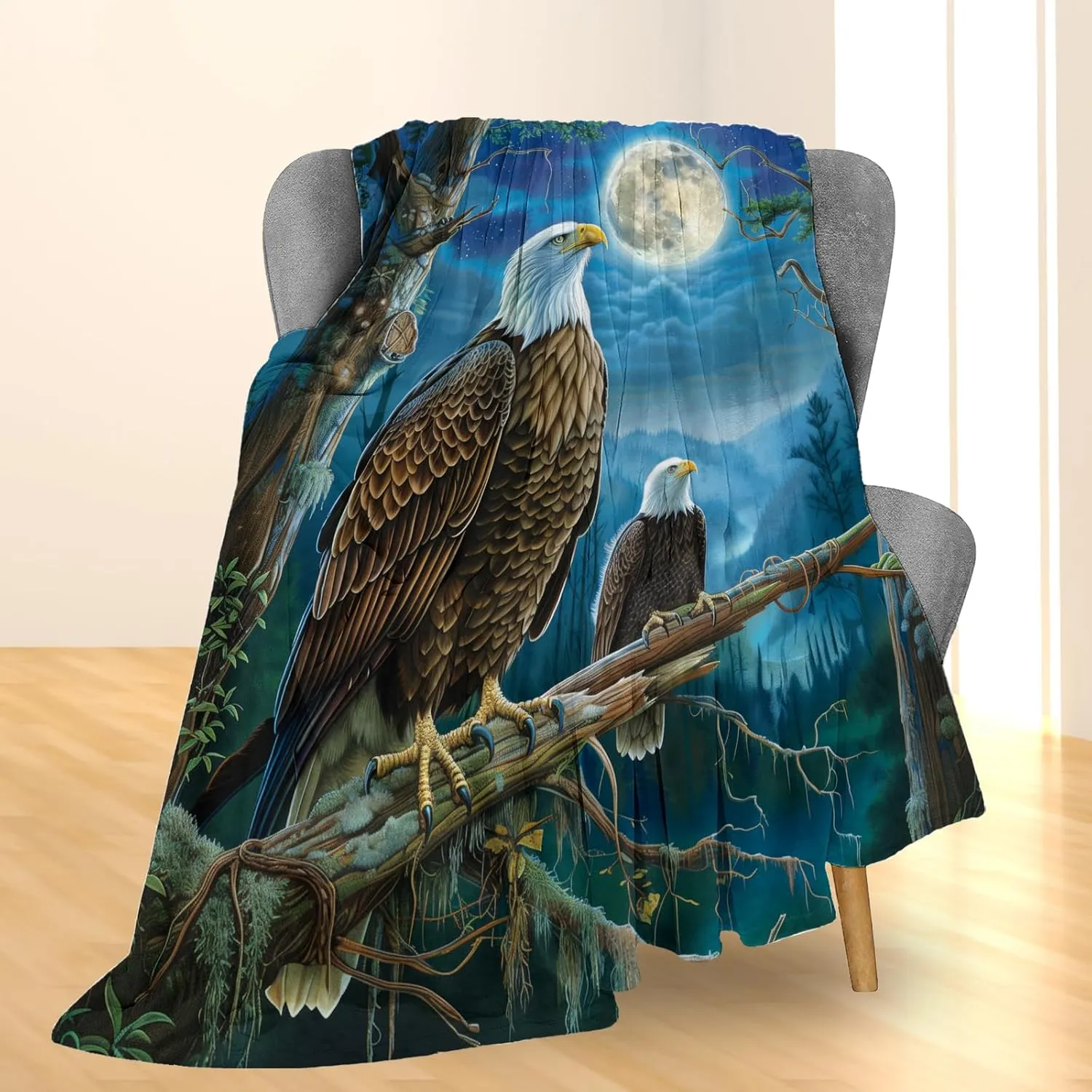 Enchanting Eagles Under Full Moon Blanket | Soft Warm Fuzzy Lightweight Flannel Throw Blanket Perfect for Couch, Bed, Travel, Outdoor & Home Decor, Cozy Blankets for Adults Kids 60×50 in